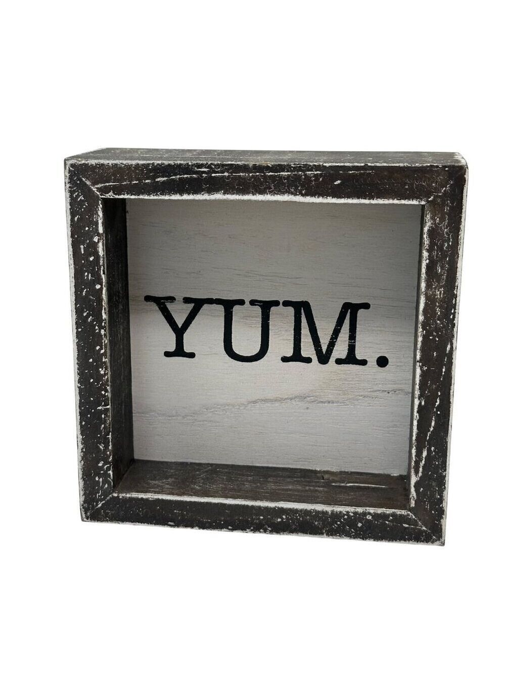 Rustic Yum Block Sign 5in Free Standing Distressed White Brown Kitchen Decor